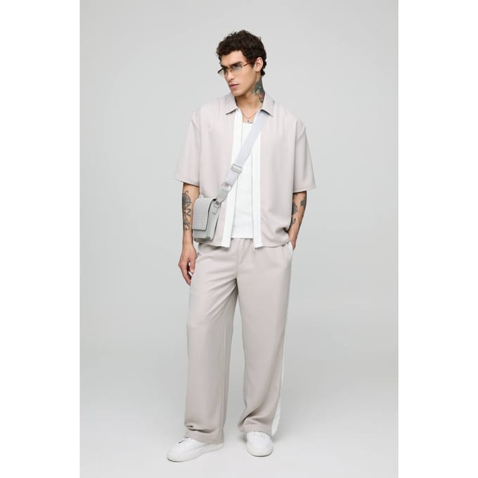 Oversized zacht twill kortmouwig overhemd & broekset met wijde pijpen | Stone | Size Medium