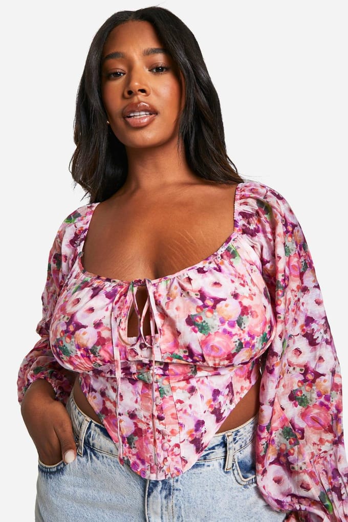 boohoo Dames Plus Floral Tie Front Korsettop | Roze | Maat: 56