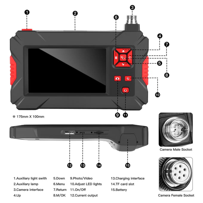 Industriële endoscoopcamera met dubbele camera 1920 * 1080P 8 + 1 LED-licht IP68 waterdichte inspectie
