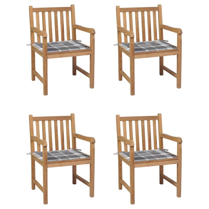 vidaXL - Tuinstoelen - 4 - st - met - grijs - geruite - kussens - massief - teakhout