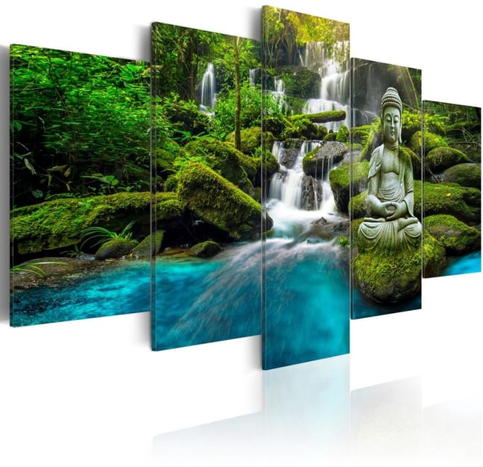 Schilderij -Boeddha in Harmonie , waterval , bos , 5 luik