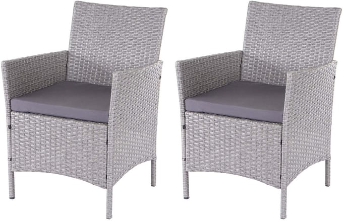 Set van 2 poly rotan tuinstoelen Halden, rieten fauteuil ~ grijs, antraciet kussens