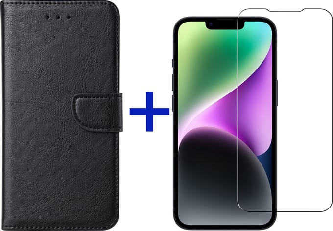 iPhone 14 Plus hoesje bookcase met pasjeshouder + screenprotector voor iPhone 14 Plus - Zwart