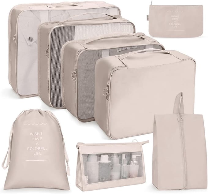 Famanu - 8-delige waterdichte packing cubes set met schoenenzak – Beige