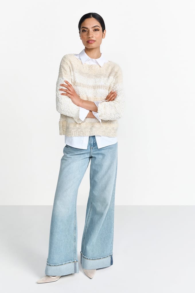 Rich & Royal Boat Neck Pullover Yarn Mix Stripe Pearl White Taglia: M | Maglioni a maglia Outlet | Donna | Bianco