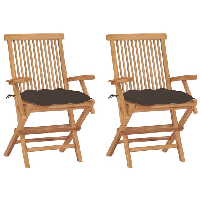 vidaXL - Inklapbare - stoelen - 2 - st - met - taupe - kussens - massief - teakhout