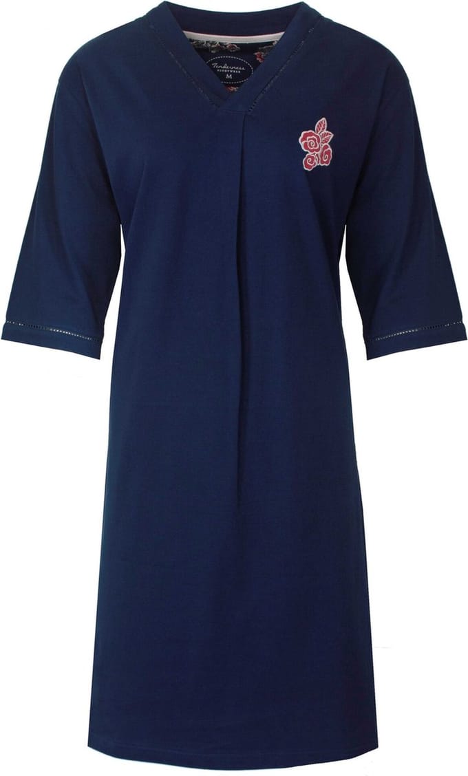 Tenderness Dames Nachthemd - Katoen - 3/4 Mouw - Navy Blauw - Maat M