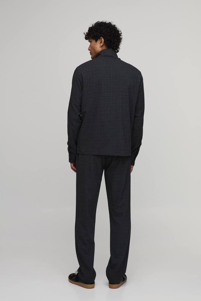 Micro Check Double Zip Funnel Neck Regular Fit Harrington Jacket Co-ord | Charcoal | Size XS