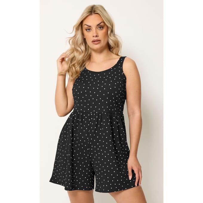Yours Zwarte Playsuit Met Stippen En Smock Textuur Size 48