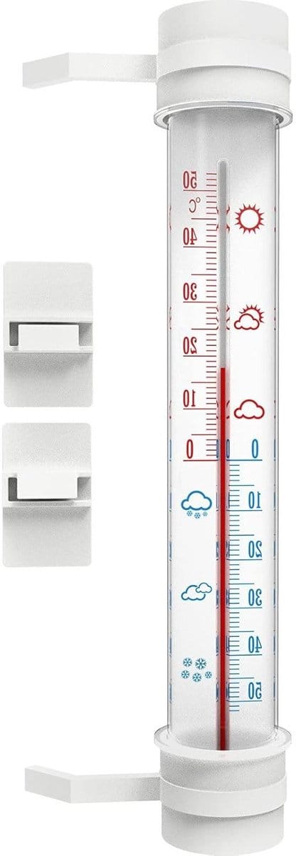 Buitenthermometer Raam - Temperatuurmeter Buiten - Buiten Temperatuur - Analoge Weergave - 29 cm Lang - Wit Bruin