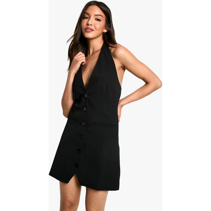boohoo Dames Geweven Halternek Minidress met Knoopsluiting | Black | Maat: 16