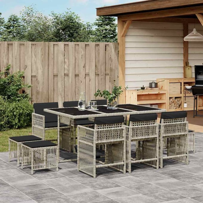 vidaXL - 11-delige - Tuinset - met - kussens - poly - rattan - lichtgrijs