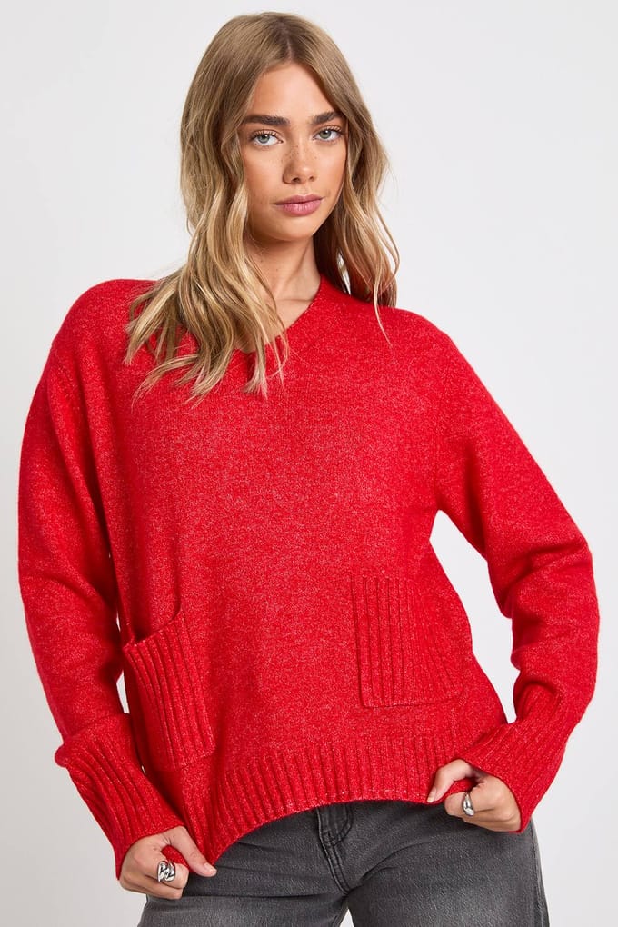 boohoo Dames V-hals oversized gebreide trui met zakdetail | Red | Maat: Medium