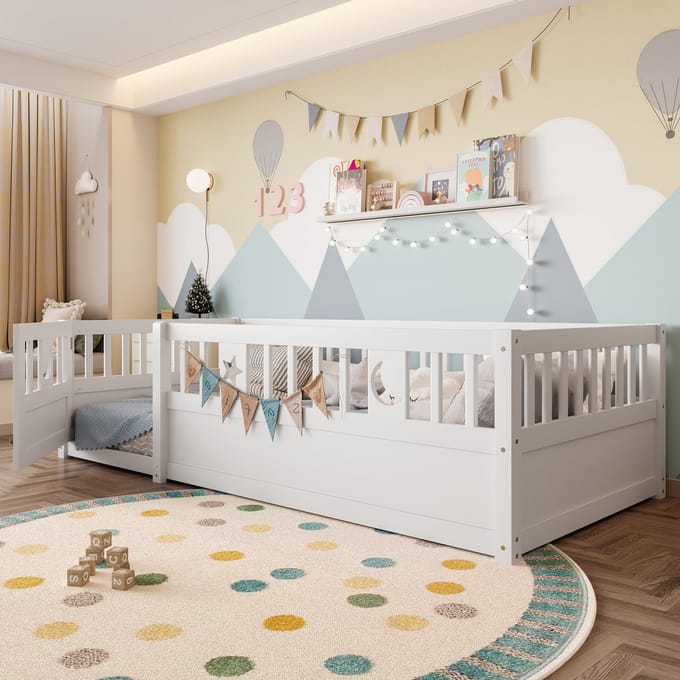 Kinderbed - 90x190 cm - met Veiligheidshekje en Sterrenmotief - Wit