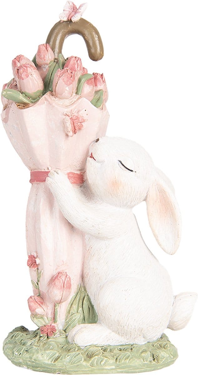 Clayre & Eef Decoratie Beeld Konijn 15 cm Wit Roze Kunststof