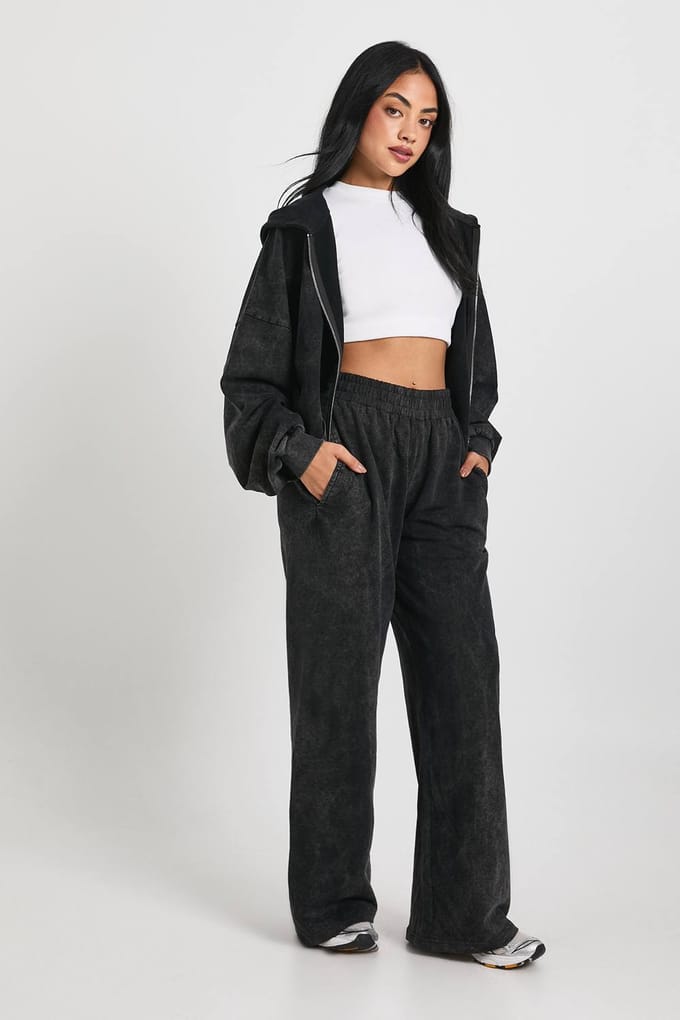 boohoo Dames Gewassen Versleten Zoom Rechte Pijp Trainingspak | Zwart | Maat: Medium