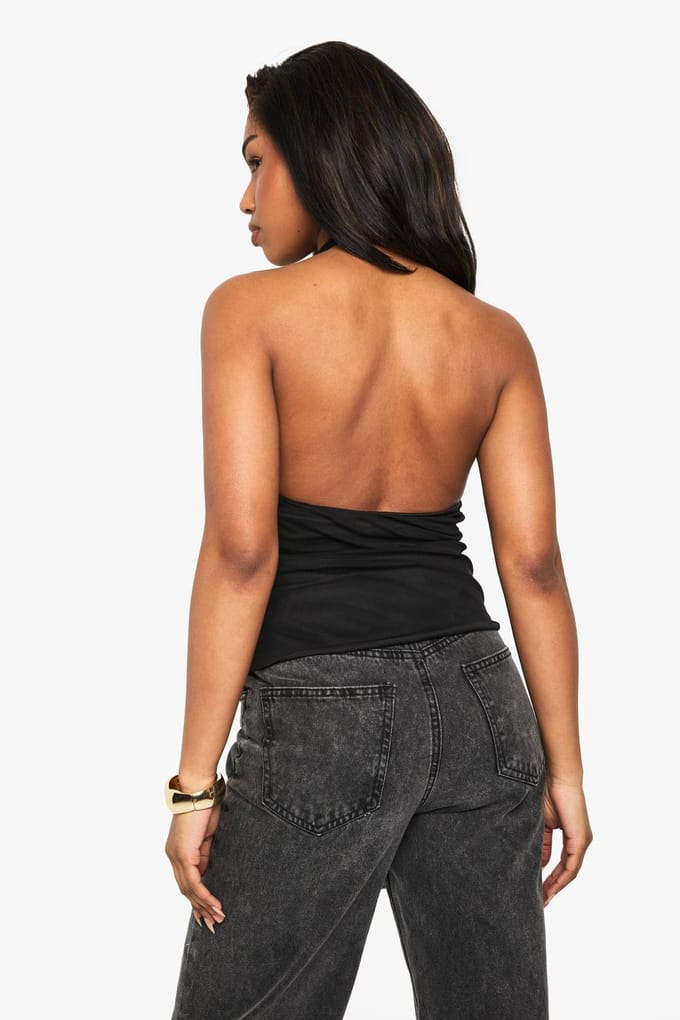 boohoo Dames Mesh Top met Hoge Hals en Gedrapeerd Detail | Black | Maat: 8