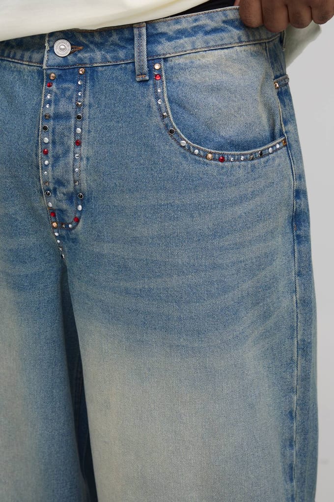Plus Baggy Jeans Met Meerdere Zakken En Strass Afwerking | Vintage Blue | Size 42