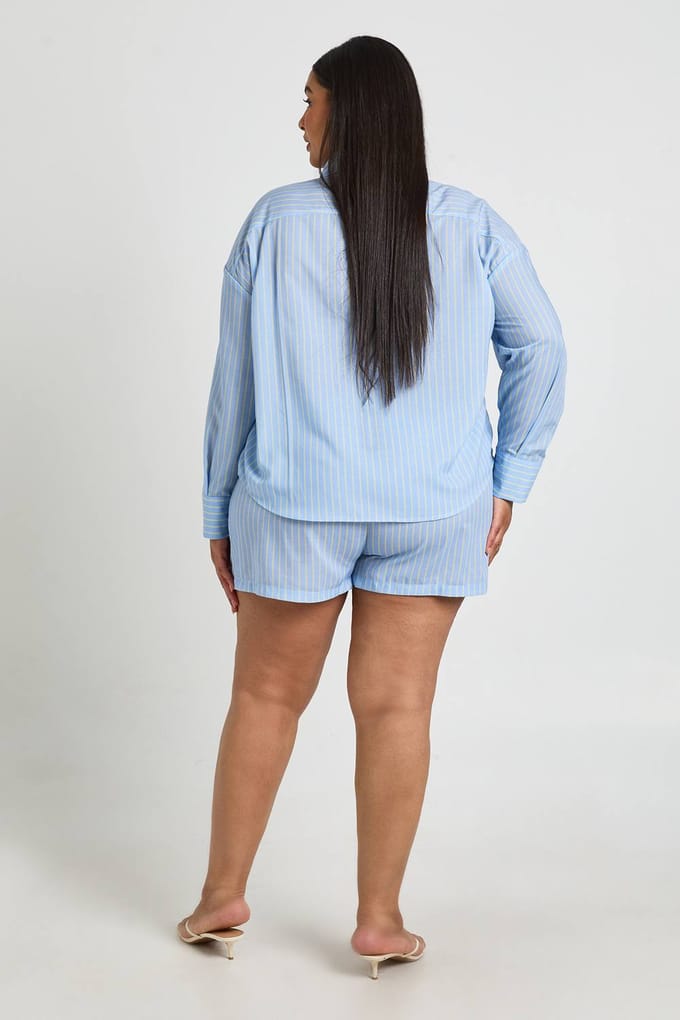 boohoo Dames Plus Gestreepte Short Met Elastische Tailleband | Blauw | Maat: 46