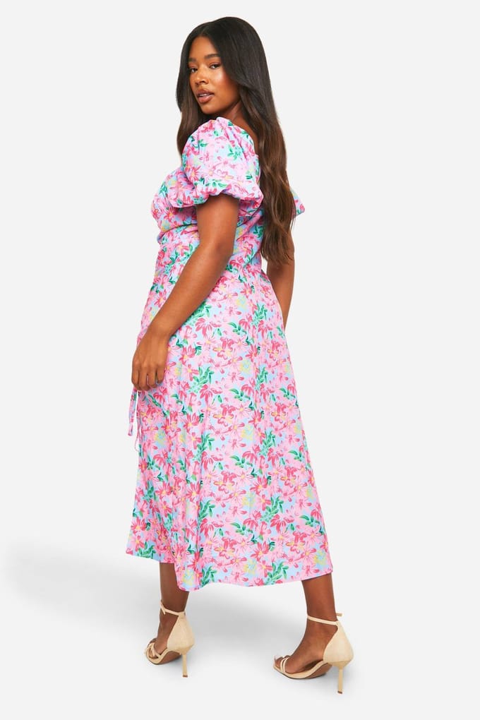 boohoo Dames Plus Geweven Ditsy Bloemen Geraffelde Midaxi-Jurk | Pink | Maat: 26
