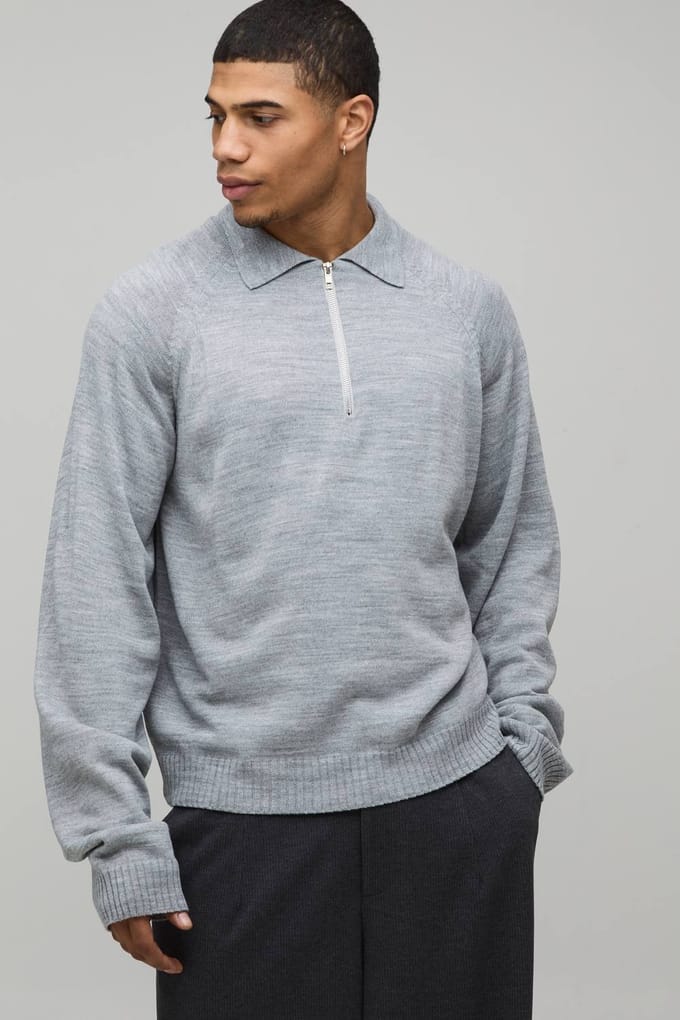 Regular 1/4 Zip Knitted Polo T-Shirt | Light Grey | Size Small