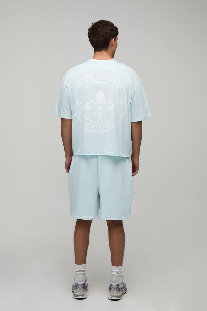 Oversized Boxy Fleur De Lis T-Shirt & Baggy Short Set | Blue | Size Medium