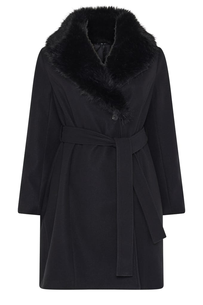 Yours Zwarte Lange Jas Met Kraag Van Imitatiebont Size 44