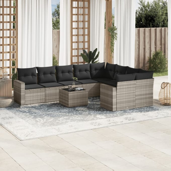 vidaXL - 10-delige - Loungeset - met - kussens - poly - rattan - lichtgrijs