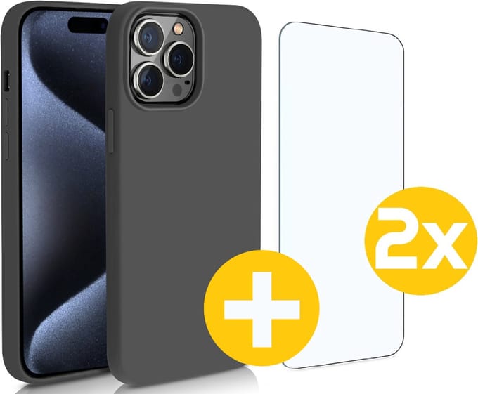 Hoesje en Screenprotector Combi Geschikt Voor iPhone 15 Pro Max - Zwarte Siliconen Hoesje + 2x Screenprotector