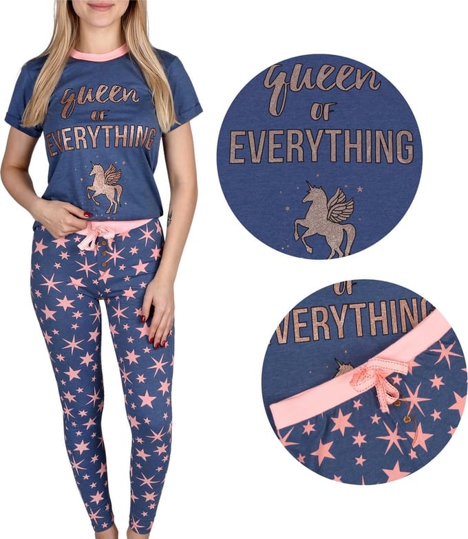 Damespyjama marineblauw, lange broek met sterren