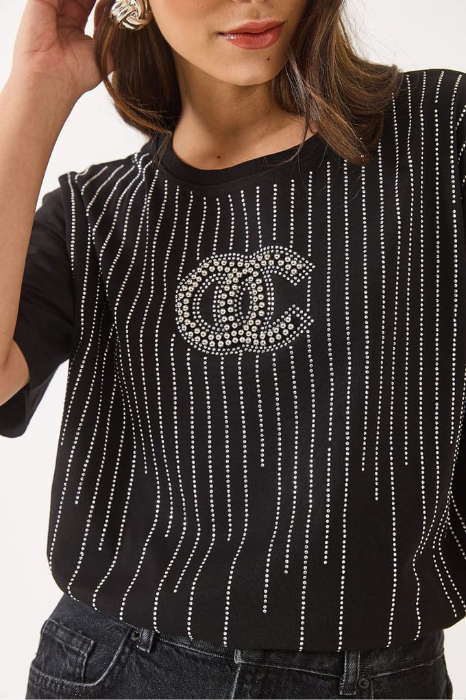 Geborduurd Gestreept T-shirt met Ronde Hals