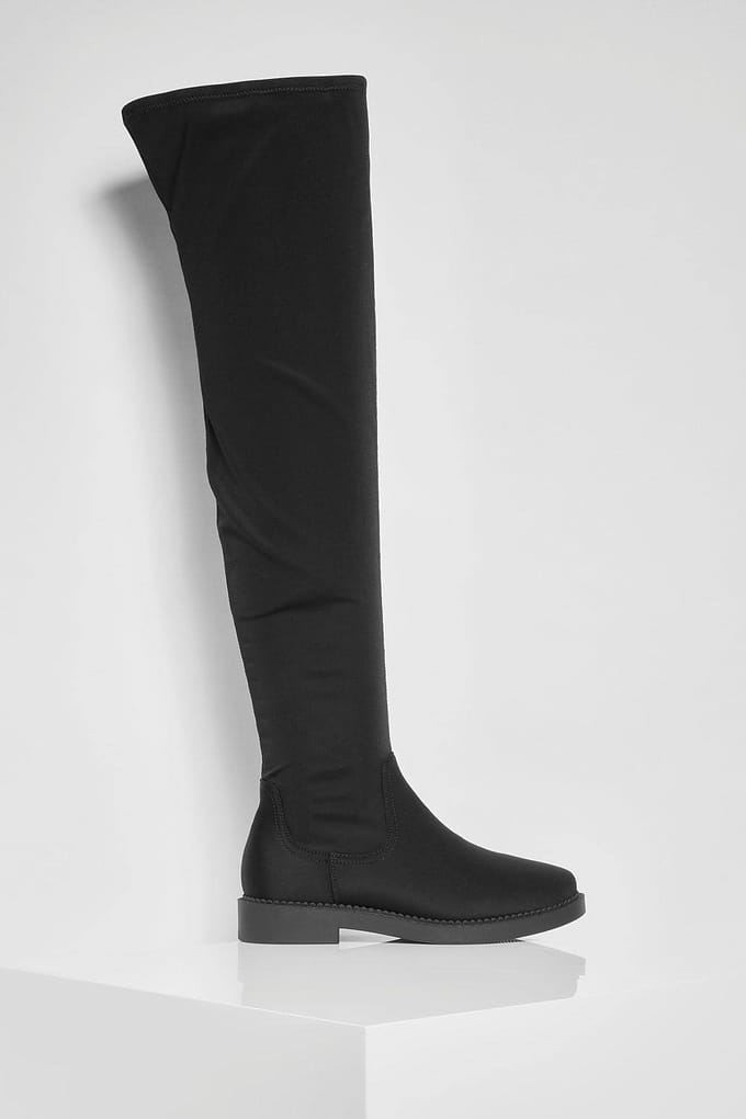 boohoo Dames Flat Stretch Over-de-Knie Laarzen | Black | Maat: 4