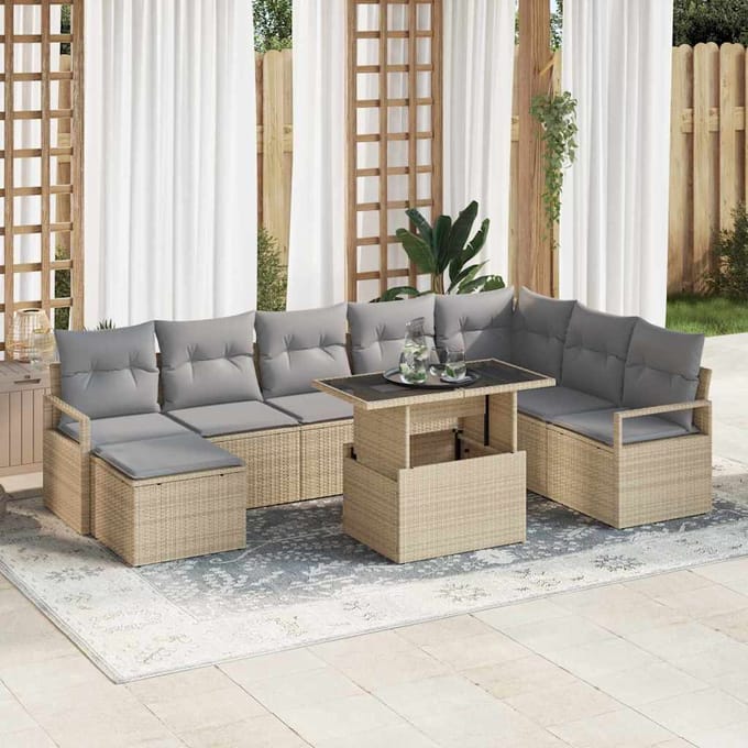 vidaXL - Tuinbank - Set - 9 - st - Beige - en - Lichtgrijs - poly - rattan