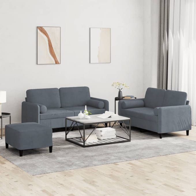 vidaXL - 3-delige - Loungeset - met - kussens - fluweel - donkergrijs
