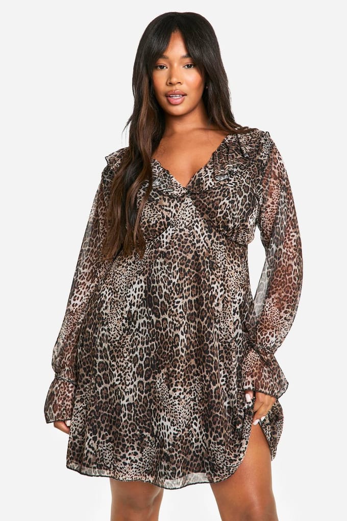 boohoo Dames Plusmaat Luipaard Ruffle Smock Jurk | Leopard | Maat: 18