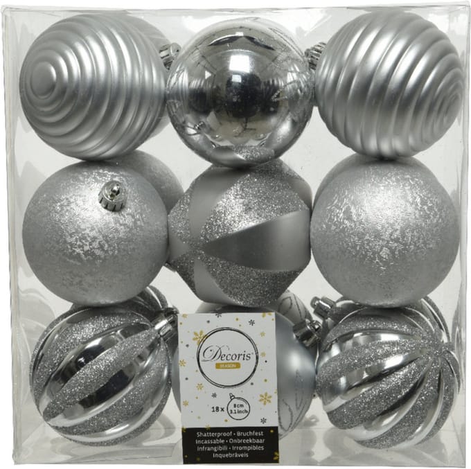 Decoris Kerstballen 18x stuks - zilver kunststof 8 cm - luxe afwerking - onbreekbaar - kerstversiering