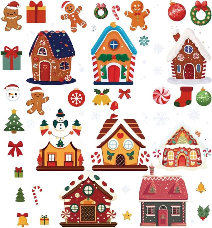 EGoods - Cartoon raamstickers sneeuwhuis kerststickers peperkoek - set van 8 vellen