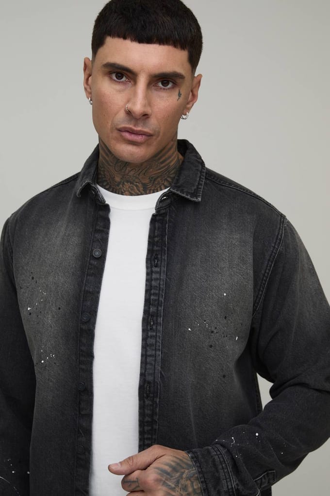 Lang Regular Fit Spray Gewassen Verf Spetter Denim Overhemd | Washed Charcoal | Size Medium