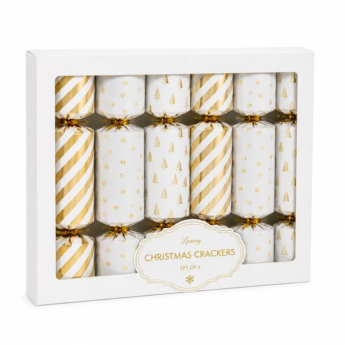 Set van 6 Luxe Christmas Crackers Wit/Goud – Feestelijke Kerstcrackers – Gouden Kerst Tafeldecoratie – Kerstdiner Accessoires – Kerstfeest – Luxe Kerstversiering