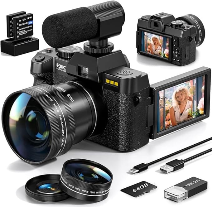 Thuys - Digitale Systeemcamera 64MP - 5K Video - 16x Zoom - 180° Kantelbaar Scherm - Complete Vlog Camera Set