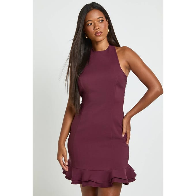boohoo Dames Halterneck Asymmetrische Zoom Mini Jurk | Pruim | Maat: 42