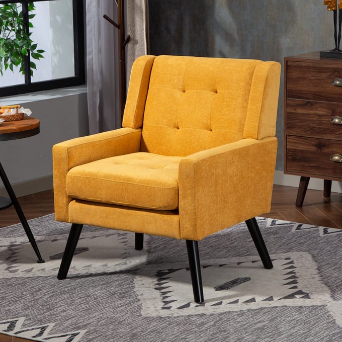 Clruro Fauteuil - Compact - Mid-century Design met Knopen - Massief Houten Poten - Suède - Geel