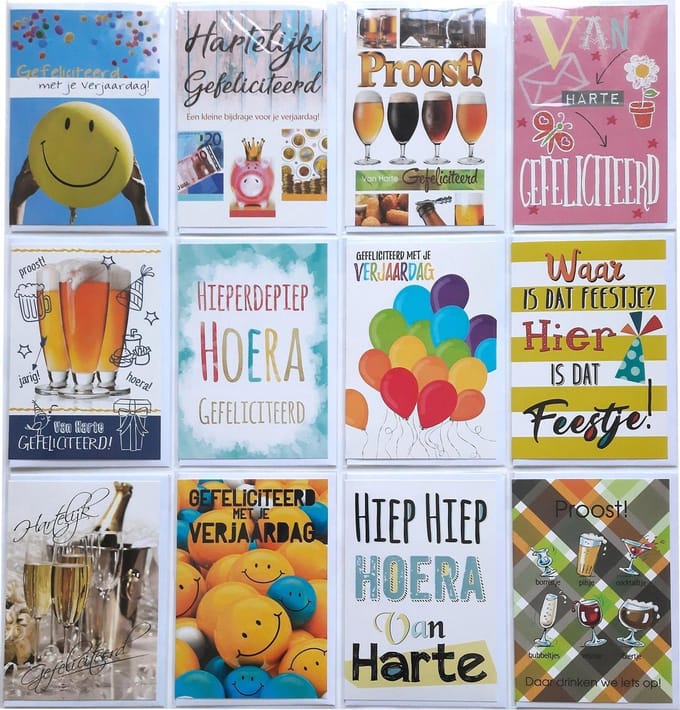 Verjaardag Wenskaarten - 12 Stuks - Gefeliciteerd - 12 x 17 cm - L-176