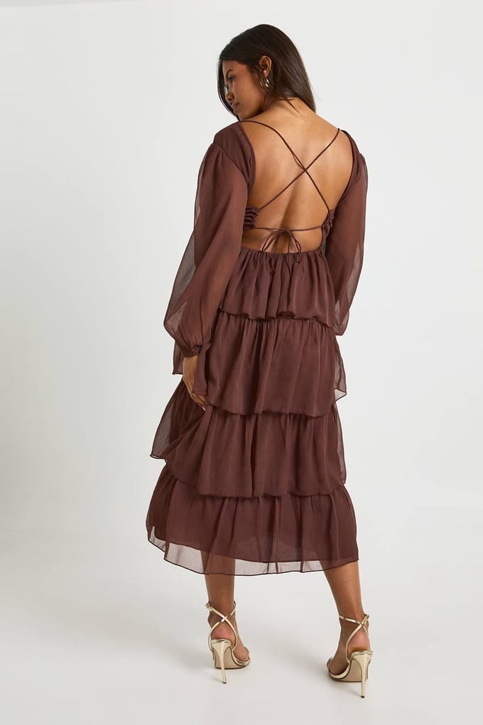 boohoo Dames Chiffon ruche midaxi jurk | Chocolate | Maat: 8