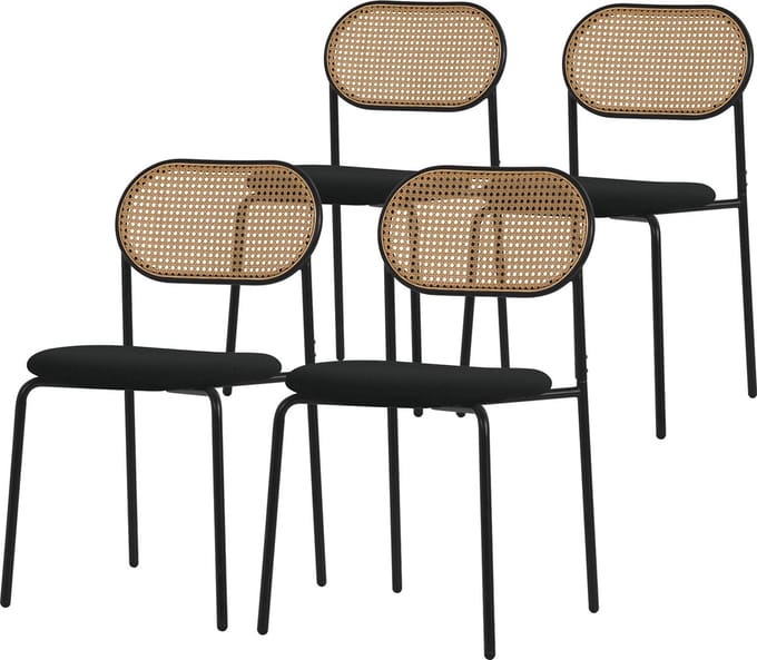 ML-Design eetkamerstoelen set 4 zwart gestoffeerde keukenstoelen met rotan rugleuning zonder armleuningen retro dining stoelen duurzame metalen poten comfortabele eettafelstoelen woonkamerstoelen gestoffeerde stoelen keukenstoelen moderne design