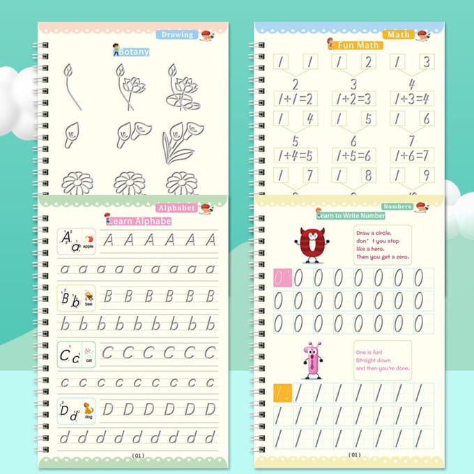 4 stuks Oefen Kladblok Kalligrafie Leren Herbruikbaar Handschrift Oefenboek voor 3-8 Jaar white