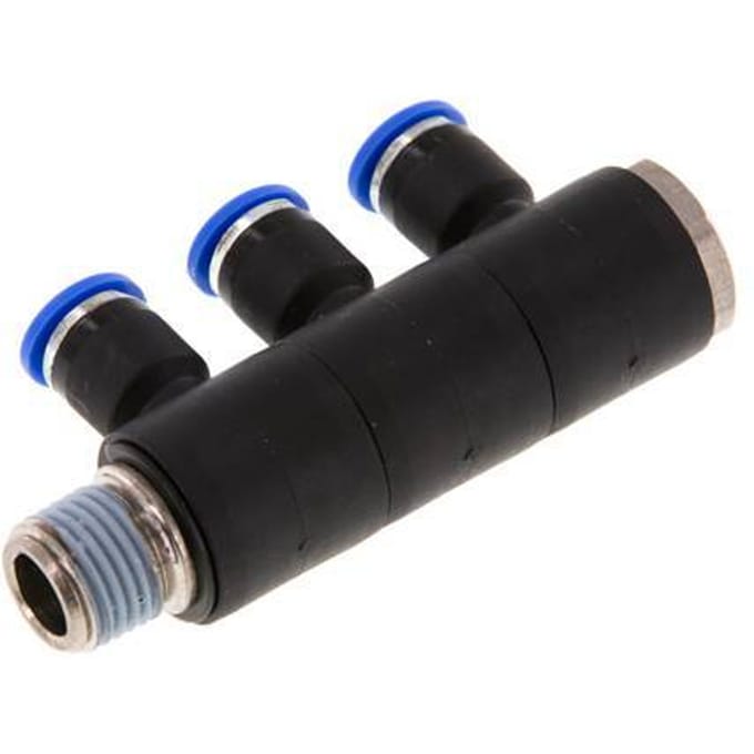 6mm x R1/4'' 3-way Manifold Messing/PA 66 Insteekfitting Buitendraad Draaibaar NBR