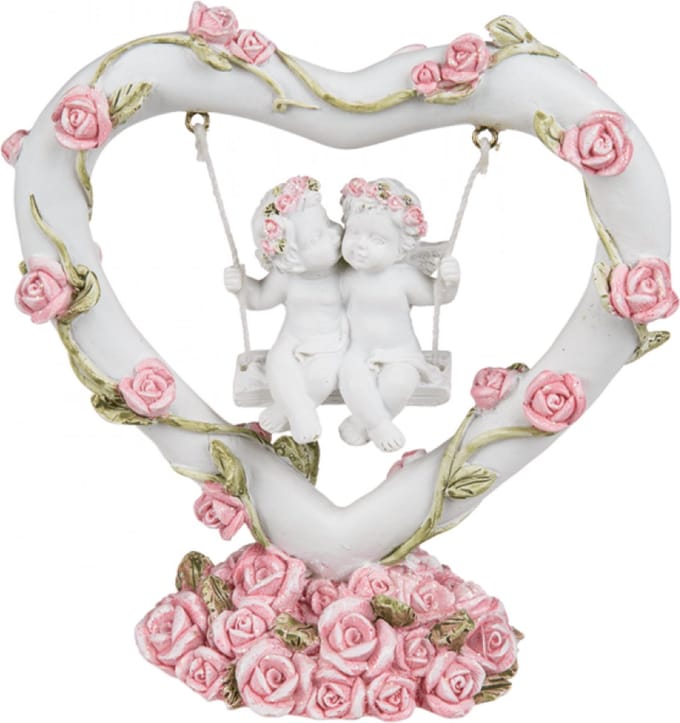 Beeldje koppel engeltjes op schommel met roze rozen 10x10.5x4cm