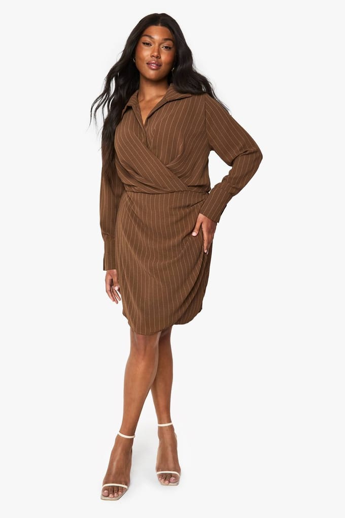 boohoo Dames Plus Linen Look Gestreepte Jurk | Mokka | Maat: 48