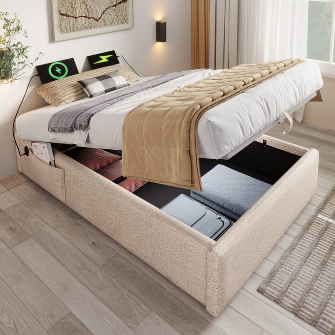 MODFU Bedframe 90x200 cm – Beige/naturel linnen met USB/Type-C – Hydraulisch – Zonder hoofdbord